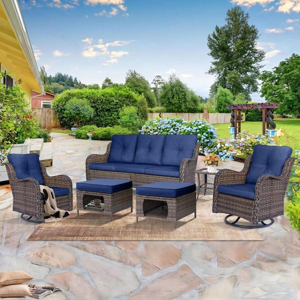 DWIOM Brown 6-Piece Wicker Patio Conversation Set Sofa Seating Swivel Chairs with Ottomans Side Table and Navy Blue Cushions