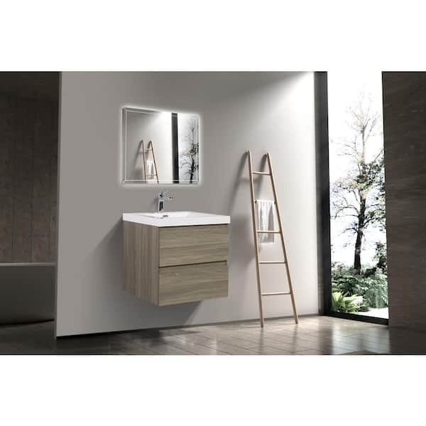 24 in. W Floating Single Sink Bath Vanity in Ash Grey with Gloss White Resin Top