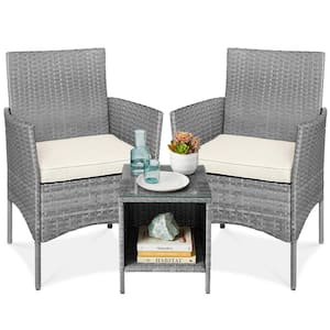 3-Piece Outdoor Wicker Conversation Patio Bistro Set, w/ 2-Chairs, Table, Cushions - Gray/Cream