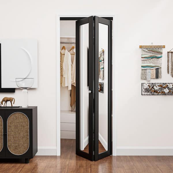 32 in. x 80 in. 1-Lite Mirrored Glass and Solid Core Black Finished Close MDF Bi-Fold Door with Hardware