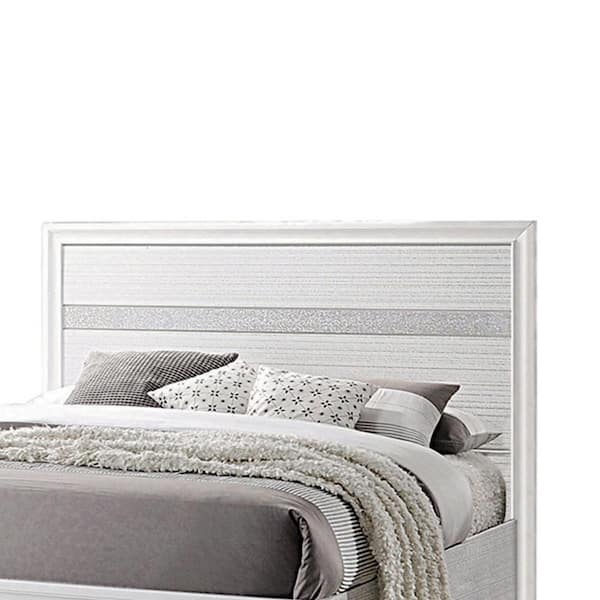 Benjara White Wooden Frame Queen Platform Bed with Drawers and Glittering Stripes