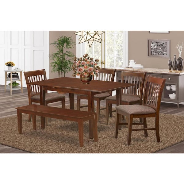 East West Furniture 6-Piece Rectangle Mahogany Finish Solid Wood Top dining Table with 1-Bench and 4-Chairs with Lattice Back