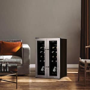 24 Bottle Wine Cooler Refrigerator Dual Temperature Zones, Freestanding Wine Fridge with Stainless Steel French Door