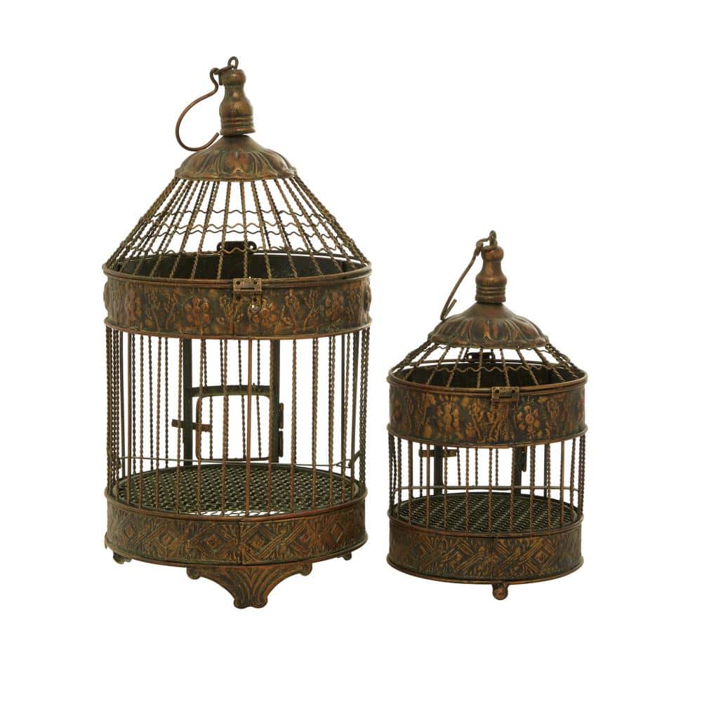 Bronze Antique Carved Metal Birdcage Set, 2 Pieces