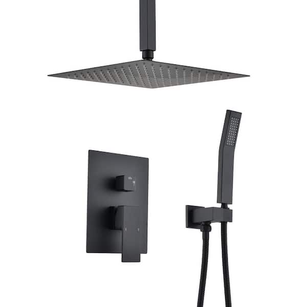 Fapully Single Handle 2-Spray Shower Faucet, Ceilin.g Mount Rainfall 12 in. Shower Faucet, 2.2 GPM with Flexible in Matte Black