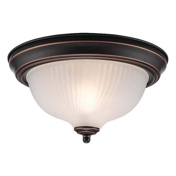 11.25 in. 2-Light Oil Rubbed Bronze Flush Mount Ceiling Light Fixture with Frosted Swirl Glass Shade