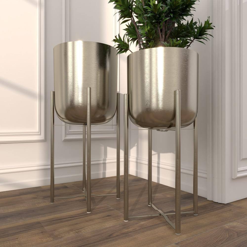 Silver Metal Indoor Outdoor Planter Set with Removable Stand, 19" and 22"