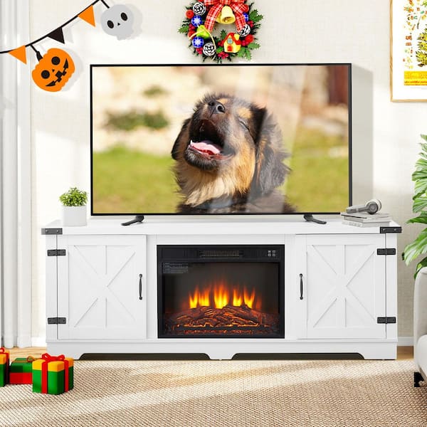 64.8 in. Freestanding Modern Farmhouse TV Stand with 23 in. Fireplace Insert and Open Shelves for TV Up to 70 in. White