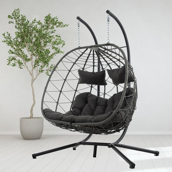 fiziti 2 Person 510 lbs. Gray Large Wicker Double Swing Egg Chair with Stand and Black Cushions