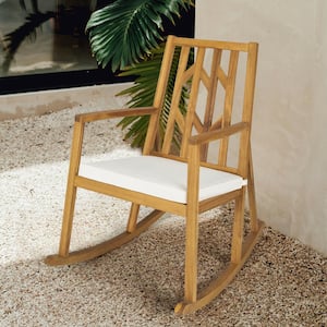 Patio Acacia Wood Outdoor Rocking Chair with Armrest and White Cushion for Garden and Deck
