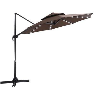 10 ft. Steel Cantilever Round Offset Patio Umbrella with LED Lights in Brown with Base