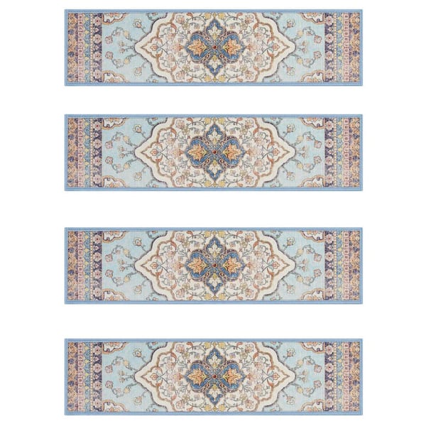 Light Blue 8 in. x 30 in. Polyester Boho Stair Tread Cover Non Slip Machine Washable (Set of 15)