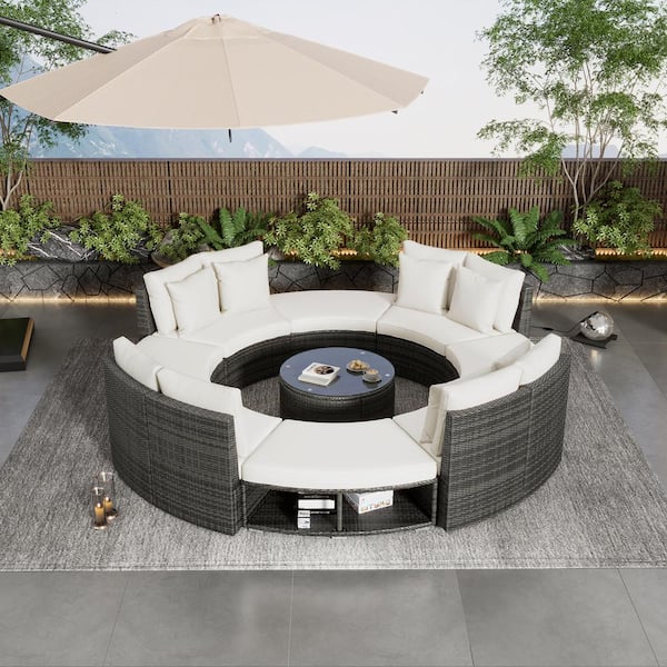 Unbranded 9 Piece Wicker Outdoor Luxury Round Sectional Sofa Style Sofa Set with Beige Cushions Beige