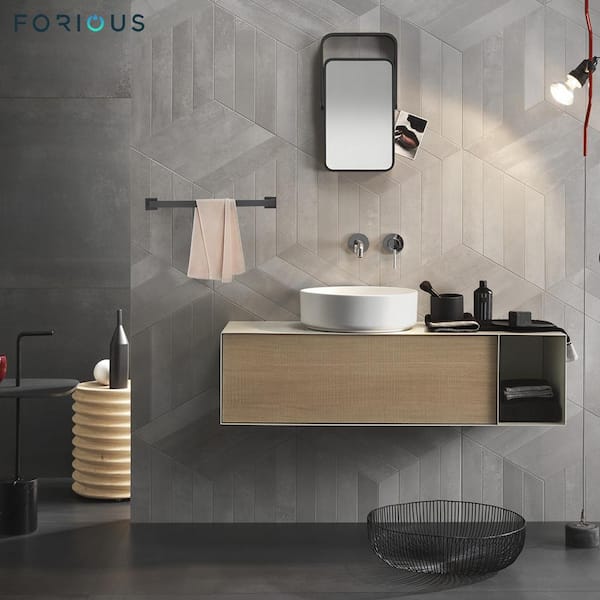 Square Wall Mounted Ceramic Sink With Matte Black Towel Bar