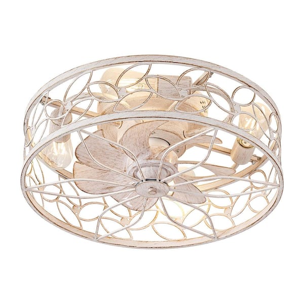 HINNIXY 18 in. Indoor/Outdoor Caged White Gold Flush Mount Small Ceiling Fan with Light and Remote Control Included