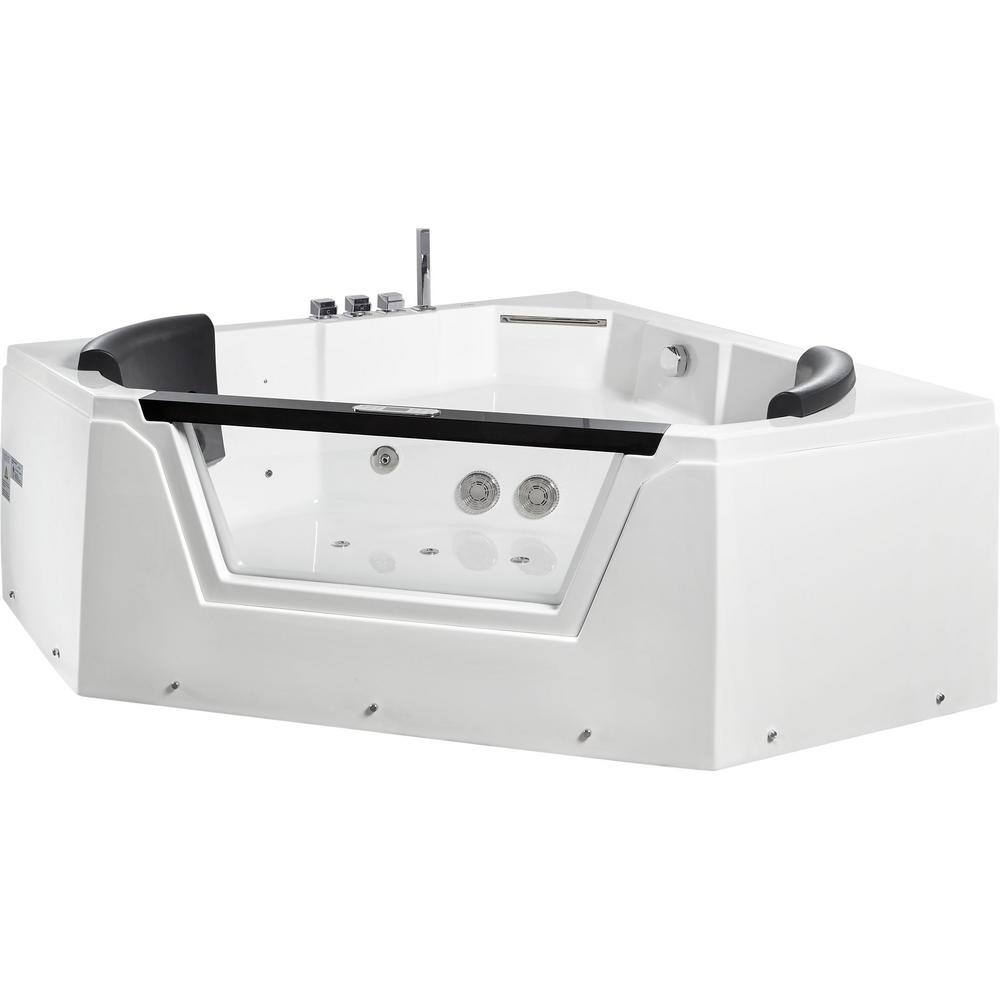 59'' White Acrylic Corner Whirlpool Bathtub with Glass Panel