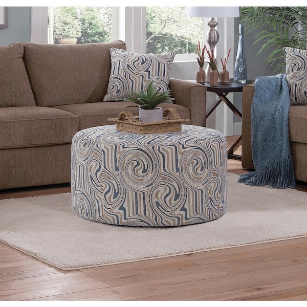 American Furniture Classics Delilah Series Blue Green Jacquard Chenille Round Medium Ottoman