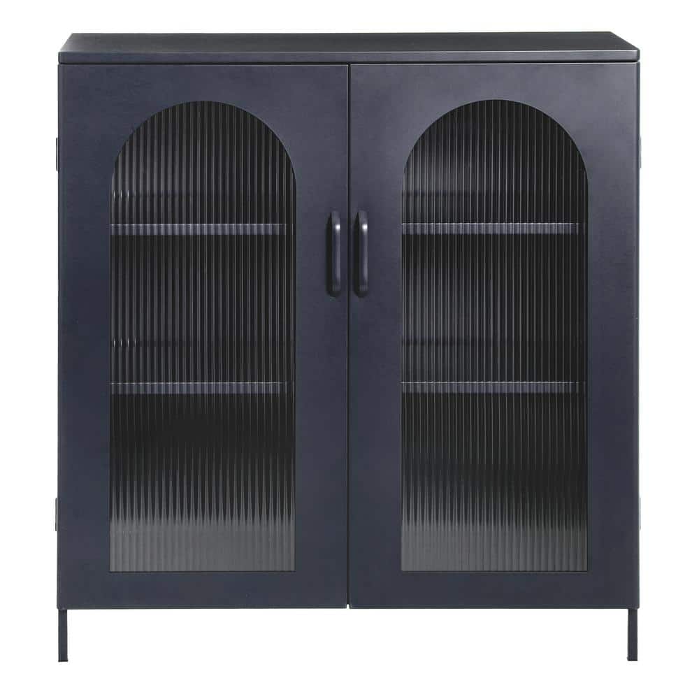 Solstice 40" Black Metal Accent Cabinet with Striated Glass Doors