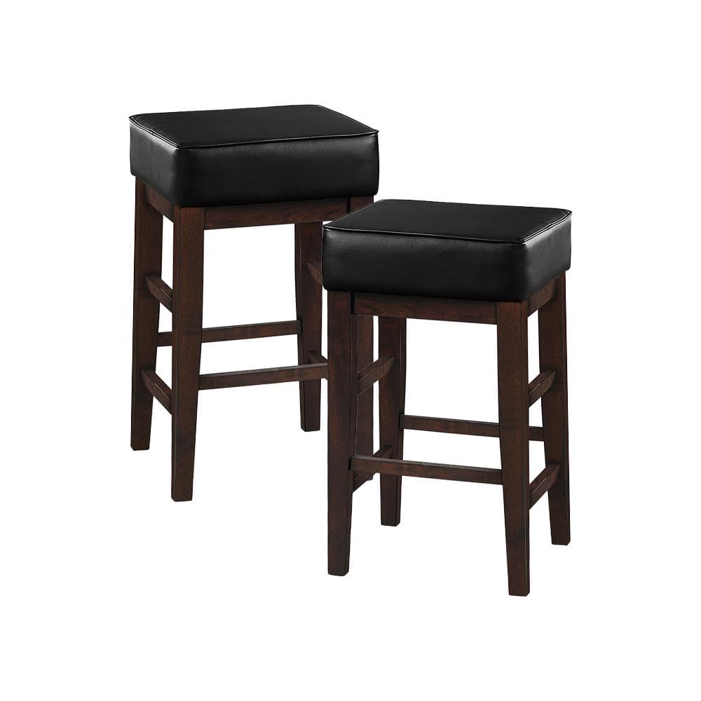 Black Faux Leather and Wood Backless Counter Stools, 26 Inch