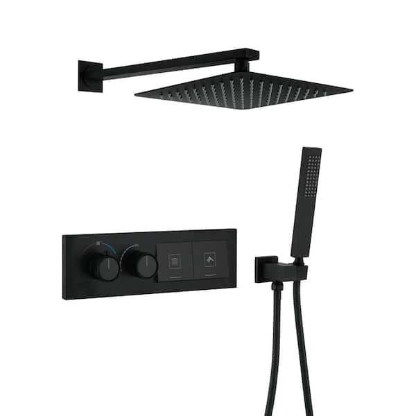 Modland 2-spray Dual Handle Wall Mount Square Shower Head and 1. 59GPM Handheld Shower Head in Matte Black