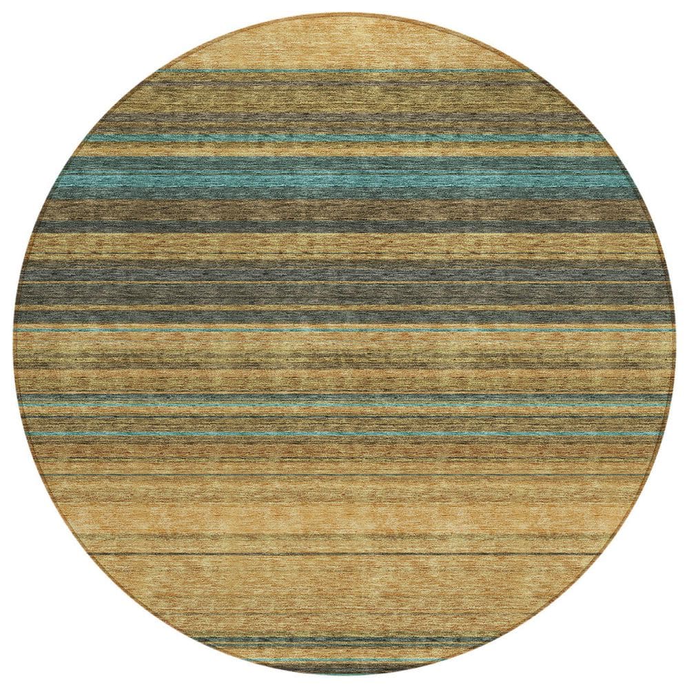 Wheat and Gray Round Synthetic Stripe Rug 8' x 8'