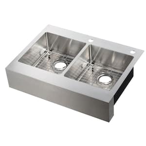 Retrofit Drop-In Stainless Steel 33 in. 2-Hole 50/50 Double Bowl Flat Farmhouse Apron Front Kitchen Sink