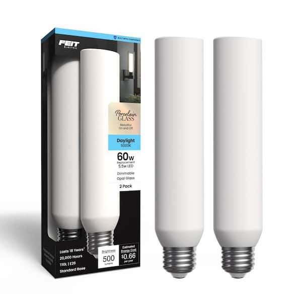 60-Watt Equiv. T10L Dimmable Straight Filament Opal E26 Vintage Edison Tubular LED Light Bulb, Daylight 5000K (2-Pack)