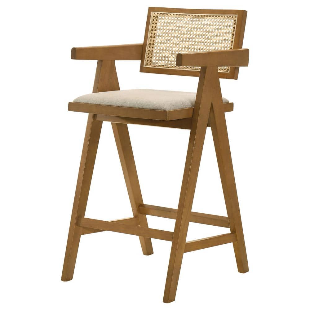 Light Walnut Mid-Century Modern Rattan Bar Stool with Upholstered Seat