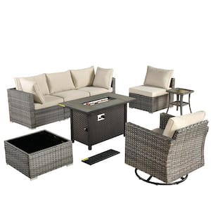 Sanibel Gray 8-Piece Wicker Outdoor Patio Conversation Sofa Sectional Set with a Metal Fire Pit and Beige Cushions