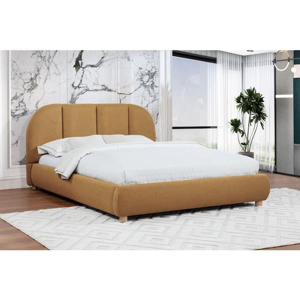 Miro Brown Wood Frame Queen Platform Bed with Burlap Upholstery