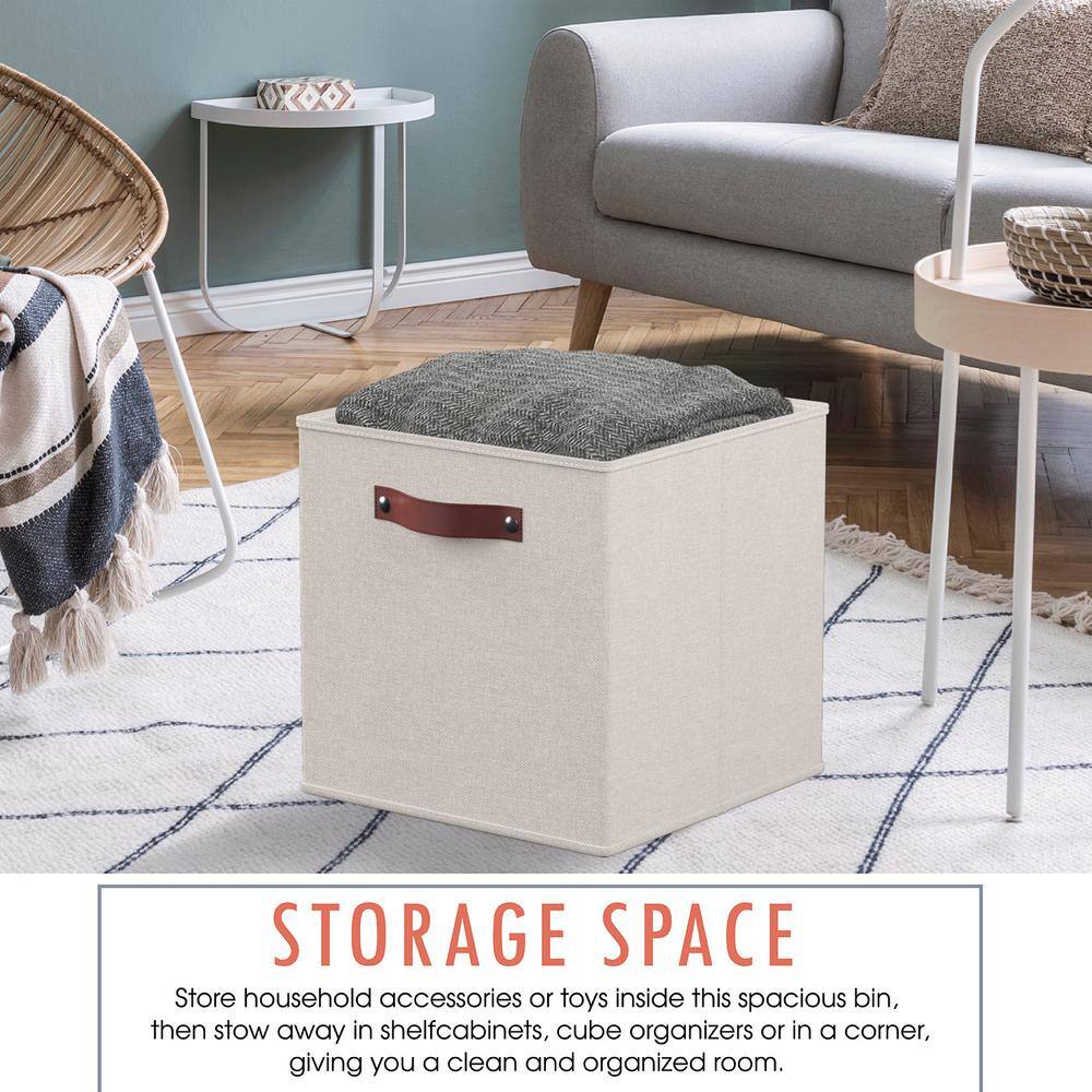Beige Linen Foldable Storage Cubes with Leather Handles, Set of 6