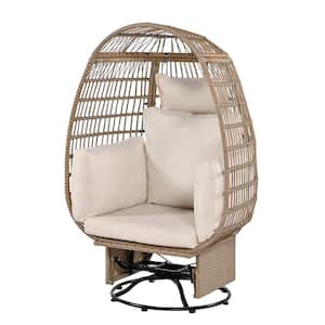Outdoor Swivel Chair Rattan Egg Patio Chair with Rocking Function (Brown Wicker + Beige Cushion)