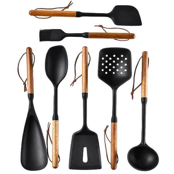 Food-Grade Silicone Kitchen Utensils Set with Silicone-Wood Handle, Spatula, Spoon, Non-Toxic and Heat-Resistant, Black