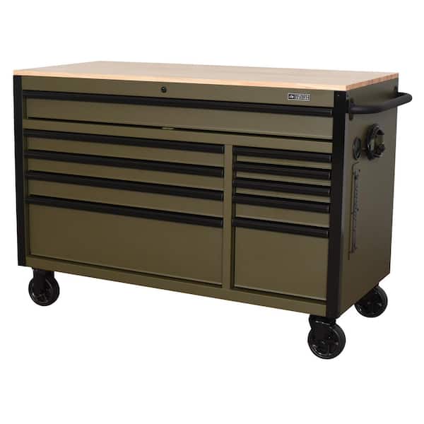 Husky Limited Edition 52 in. x 24.5 in. D 10-Drawer Army Green Mobile Workbench with Solid Wood Top