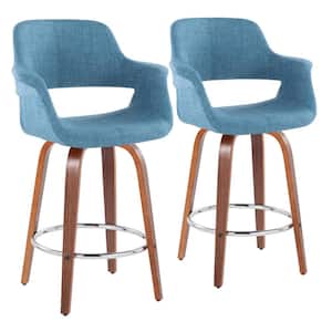 Vintage Flair 25.5 in. Blue Fabric, Walnut Wood and Chrome Metal Fixed-Height Counter Stool Round Footrest (Set of 2)