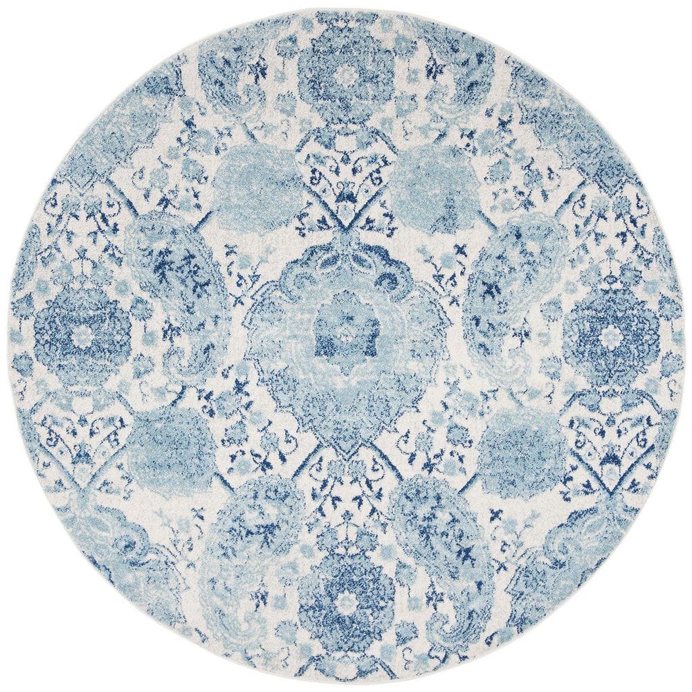 Blue Polypropylene 4 ft. x 4 ft. Floral Indoor Round Area Rug