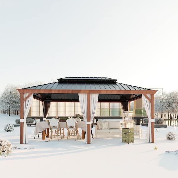 12 ft. x 18 ft. Aluminum Outdoor Double Galvanized Steel Roof Gazebo with Ceiling Hook, Mosquito Netting and Curtains