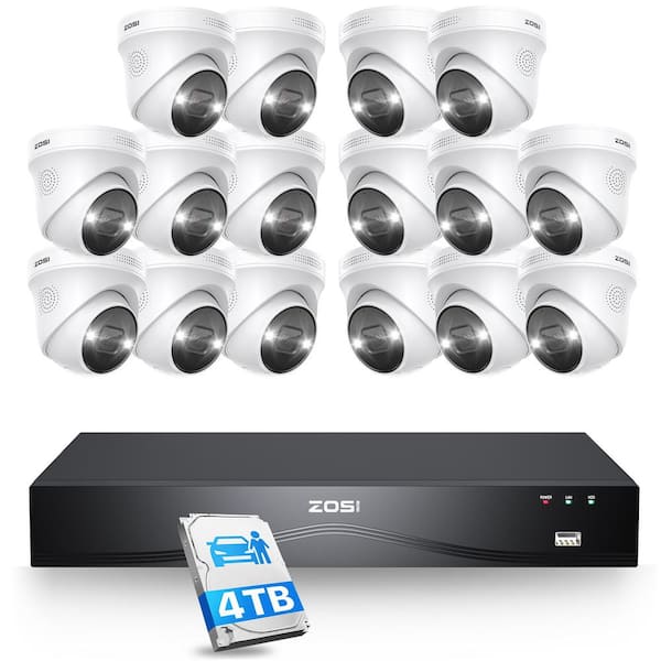 ZOSI 4K UHD 16-Channel(Up to 24CH) 4TB POE NVR Security System with 16 Wired 8MP Outdoor Dome Cameras, Dual-Disk Backup