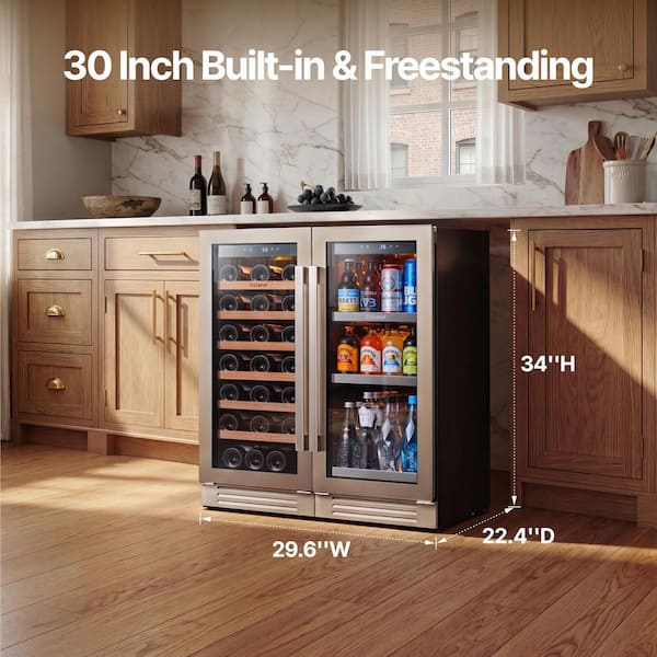 30 in. Dual Zone 33-Wine Bottles 100-Cans Beverage and Wine Cooler Side-by-Side Refrigerators Built-in Fridge in Black