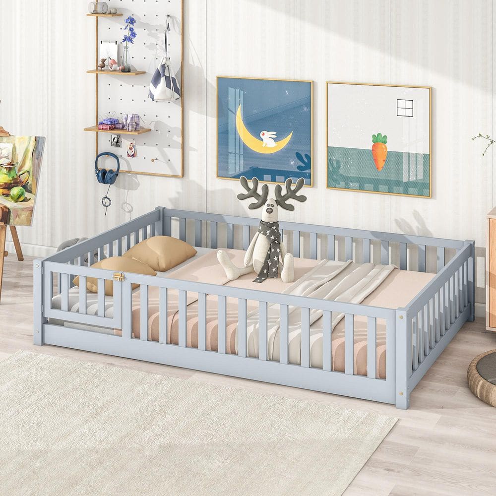 Gray Wood Frame Full Size Platform Bed with Fence and Door price history on PriceWatchPro