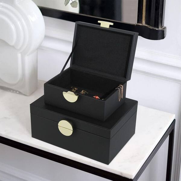 Afoxsos Black 9 in. x 3.9 in. Faux Leather Decorative Boxes Set of