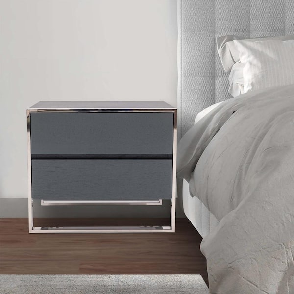 Benjara 26 in. 2-Drawer Gray and Chrome Wooden Nightstand