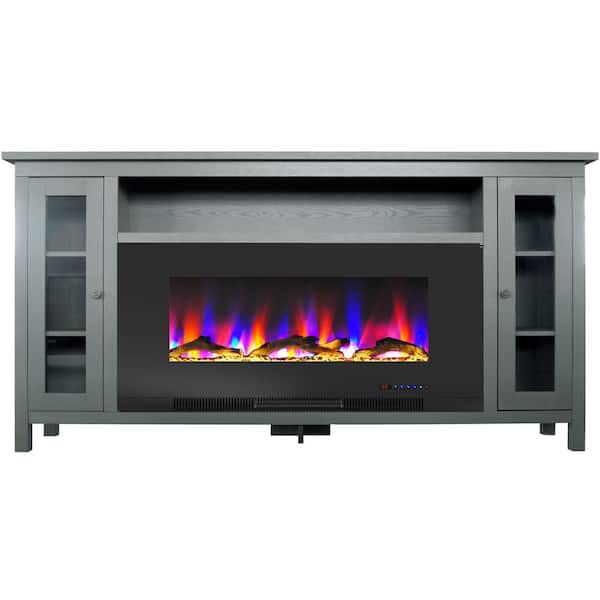 Cambridge Somerset 70 in. Electric Fireplace TV Stand in Gray with Multi-Color LED Flames Driftwood Log Display and Remote Control