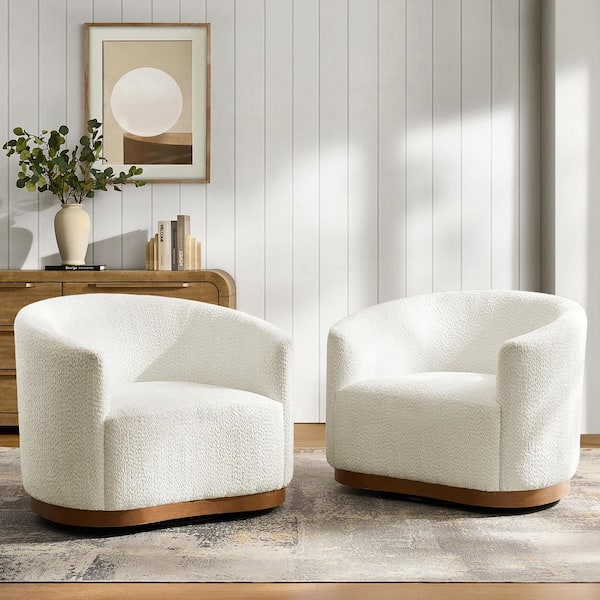 Elda Ivory Polyester Armchair (Set of 2) with Curved Backrest and 360° Swivel Base