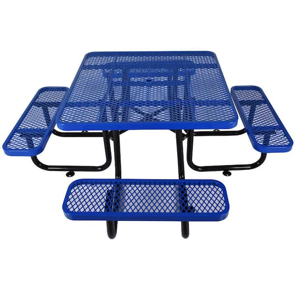 GOGEXX 83 in.Wx29in.Hx83in.D Outdoor Picnic Table Square Table Rounded Corners Plastic Mesh With 4 Built-In Benches Backyard