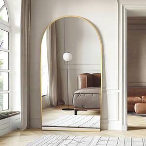 38 in. W x 71 in. H Full Length Arched Free Standing Body Mirror, Metal Framed Wall Mirror, Large Floor Mirror in Gold