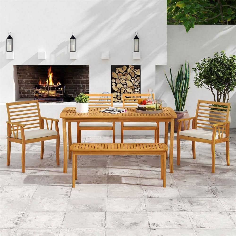 "6-Piece Acacia Wood Patio Outdoor Dining Set Table and Bench Chairs with Off White Cushions & 1.97"" Umbrella Hole" price history on PriceWatchPro