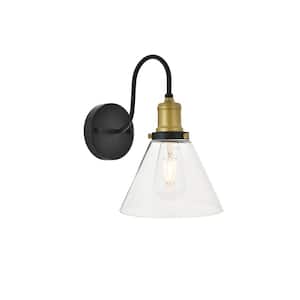 Timeless Home Helene 7.5 in. W x 11.4 in. H 1-Light Brass and Black and Clear Wall Sconce