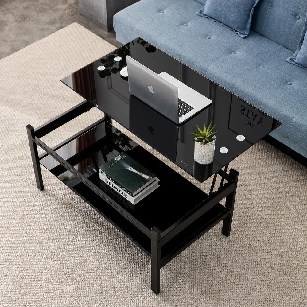 Black Glass Lift-Top Rectangular Outdoor Coffee Table