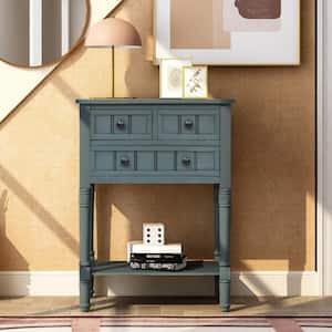Narrow 23 in. Navy Rectangle Wood Console Table with Bottom Shelf Sofa Table with Drawers for Entryway Hallway